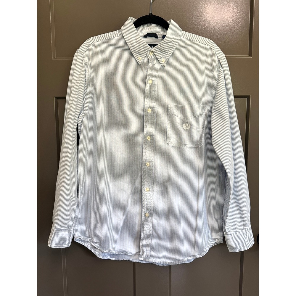 Chaps Mens Blue White Striped Cotton Button Down Shirt Long Sleeve Crest Logo M